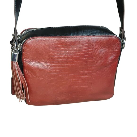 Clarks Red Croc Embossed Leather Crossbody Bag Tassel Accent Striped Lining - Picture 11 of 12